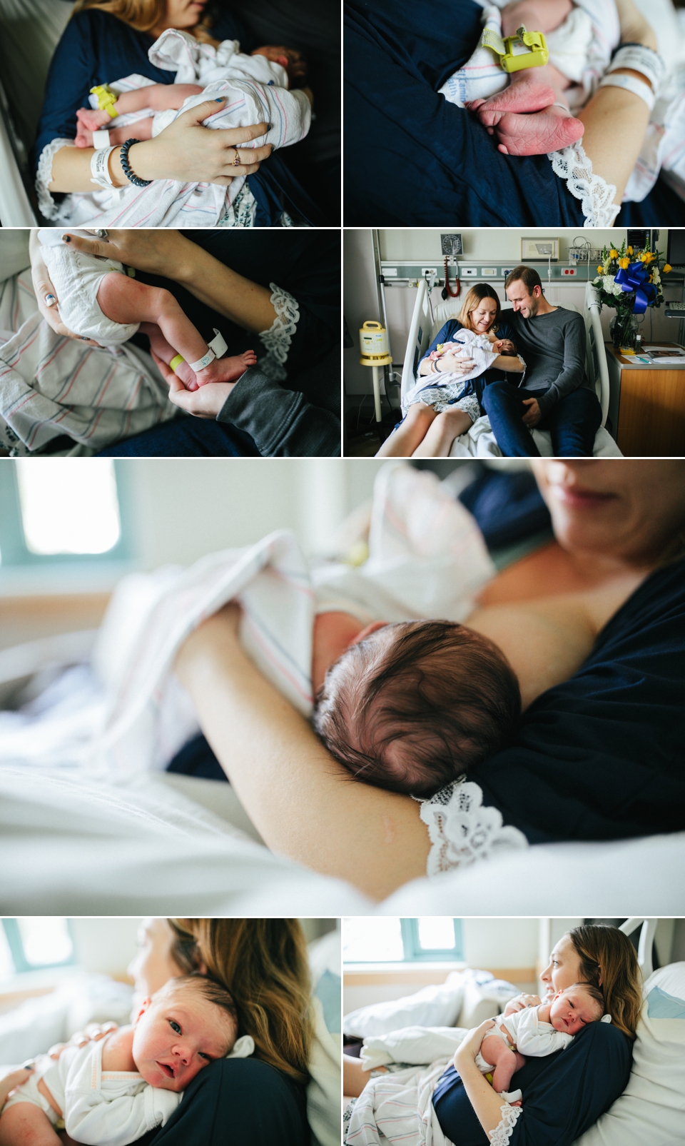 Collage of photos of a fresh 48 newborn session with family at the hospital