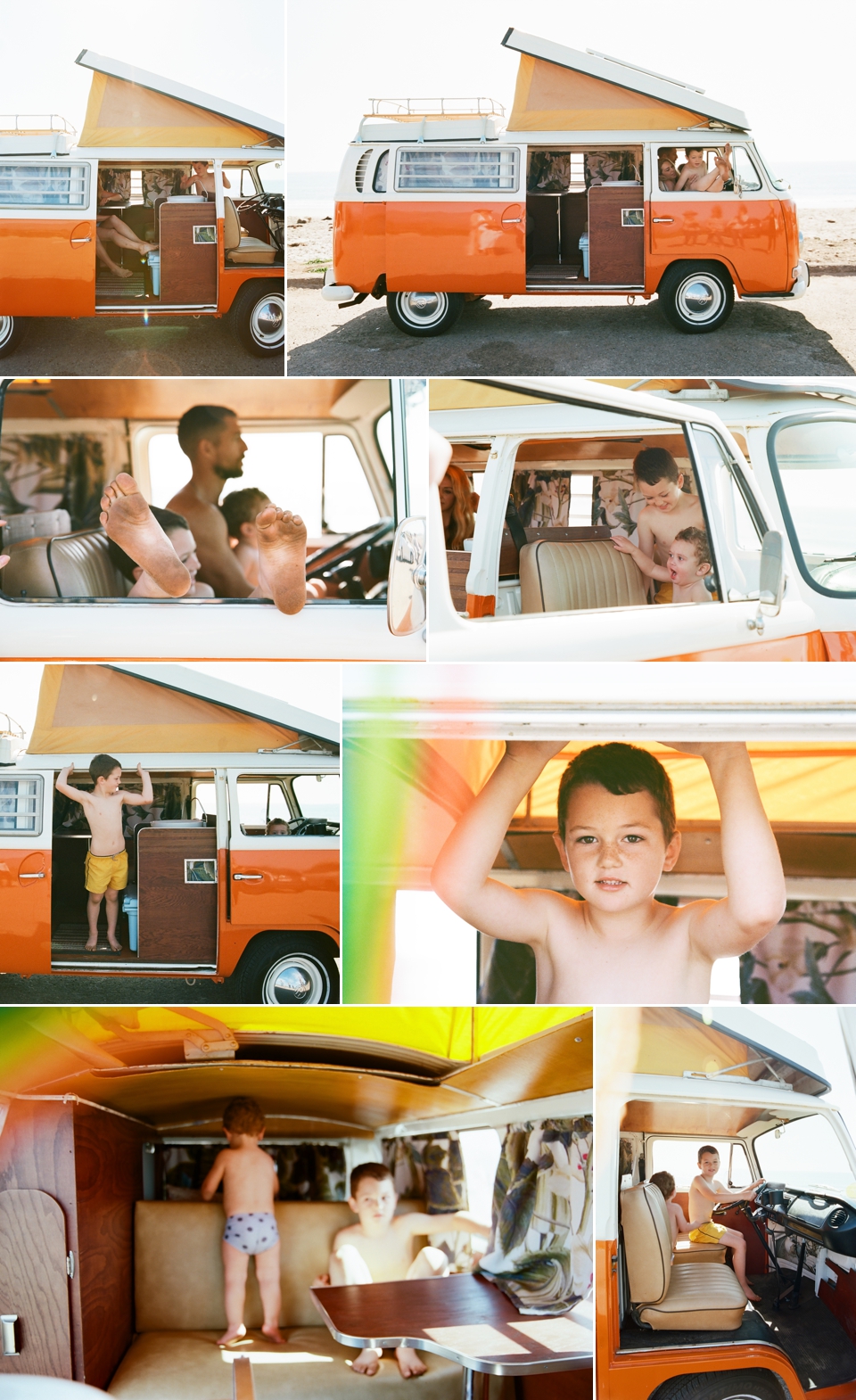 collage of family photos in a vintage vw bus