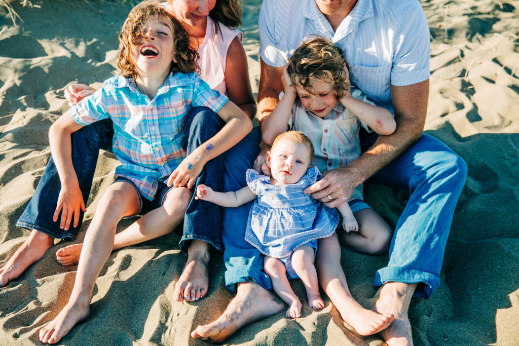 family of five at shoreline beach in alameda