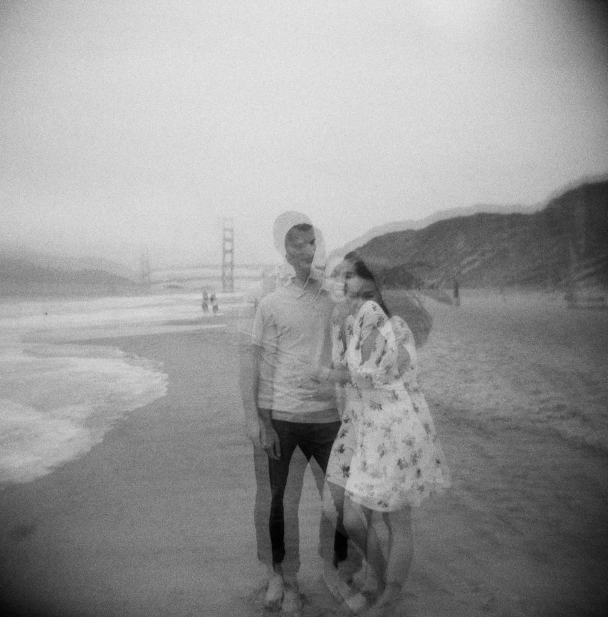 double exposure of couple on baker beach in san francisco